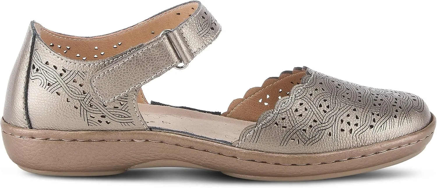 Spring Step Women's SABRIYE Leather Mary Jane Shoes – Laser-Cut Design, Adjustable Hook-and-Loop Closure, Padded Comfort, Flexible Sole