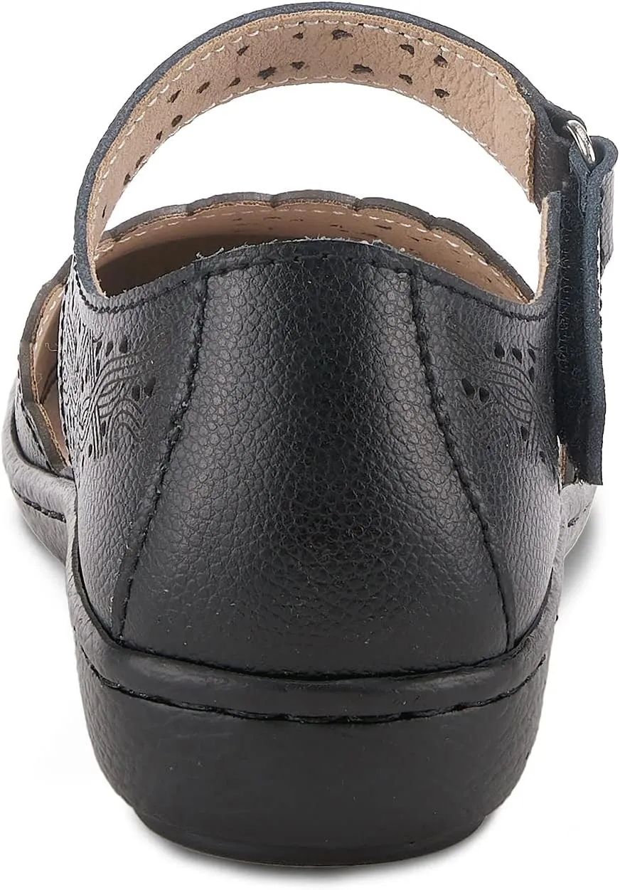 Spring Step Women's SABRIYE Leather Mary Jane Shoes – Laser-Cut Design, Adjustable Hook-and-Loop Closure, Padded Comfort, Flexible Sole