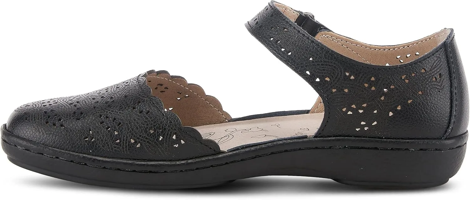 Spring Step Women's SABRIYE Leather Mary Jane Shoes – Laser-Cut Design, Adjustable Hook-and-Loop Closure, Padded Comfort, Flexible Sole