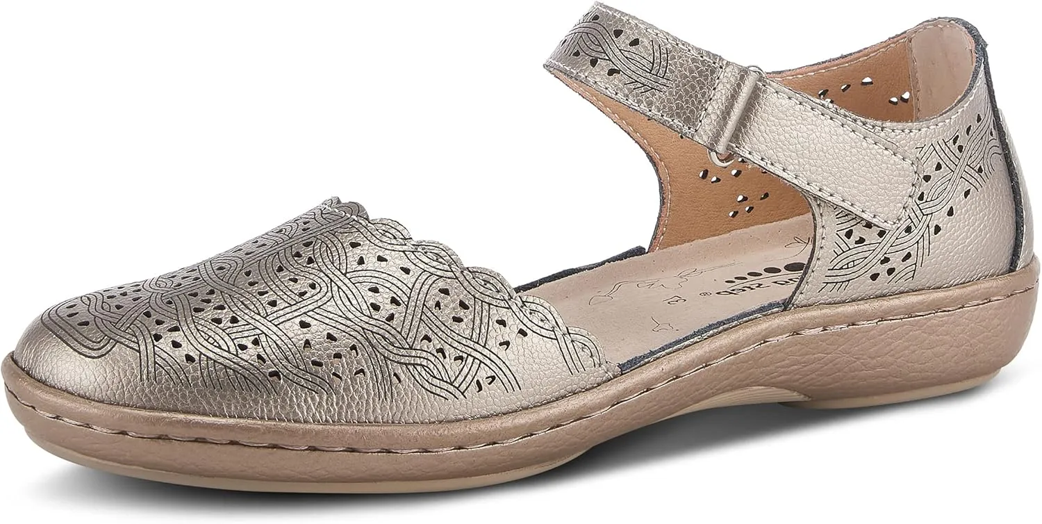 Spring Step Women's SABRIYE Leather Mary Jane Shoes – Laser-Cut Design, Adjustable Hook-and-Loop Closure, Padded Comfort, Flexible Sole