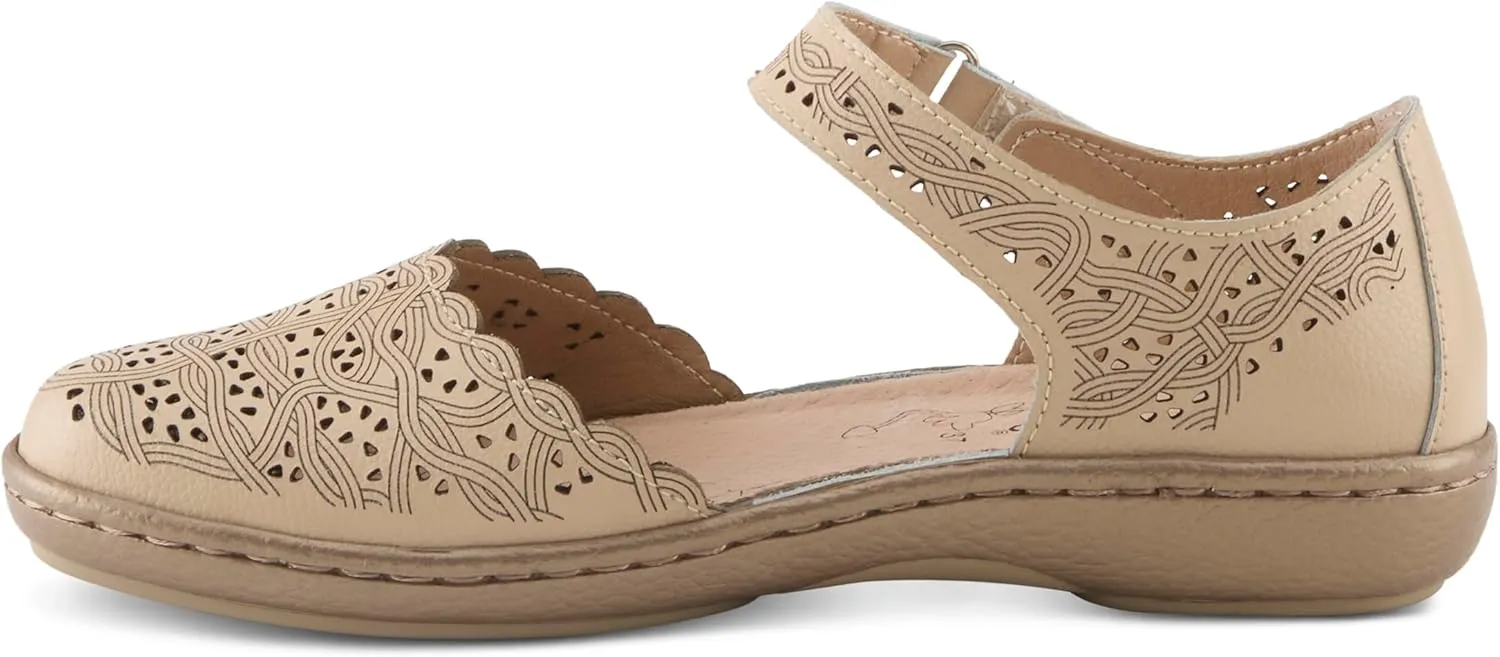 Spring Step Women's SABRIYE Leather Mary Jane Shoes – Laser-Cut Design, Adjustable Hook-and-Loop Closure, Padded Comfort, Flexible Sole