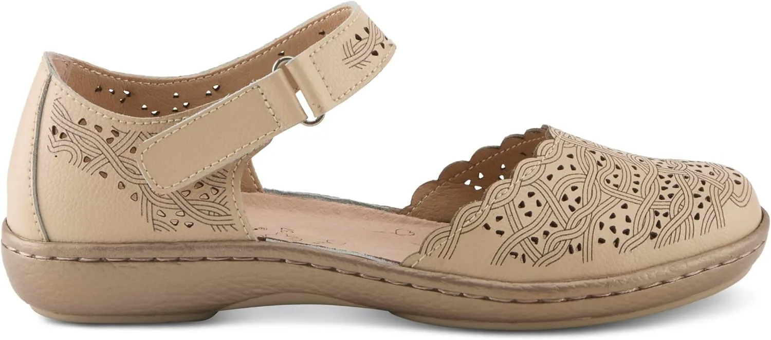 Spring Step Women's SABRIYE Leather Mary Jane Shoes – Laser-Cut Design, Adjustable Hook-and-Loop Closure, Padded Comfort, Flexible Sole