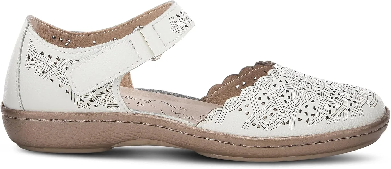 Spring Step Women's SABRIYE Leather Mary Jane Shoes – Laser-Cut Design, Adjustable Hook-and-Loop Closure, Padded Comfort, Flexible Sole