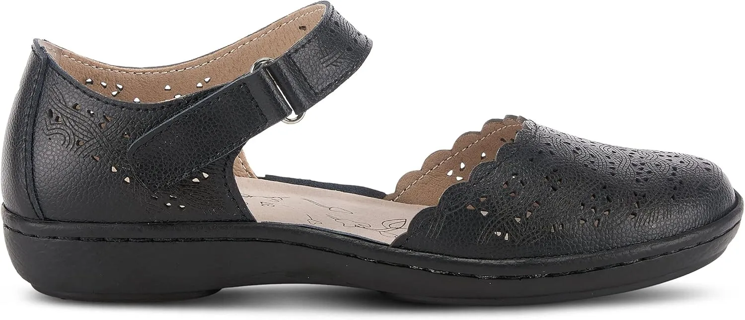 Spring Step Women's SABRIYE Leather Mary Jane Shoes – Laser-Cut Design, Adjustable Hook-and-Loop Closure, Padded Comfort, Flexible Sole