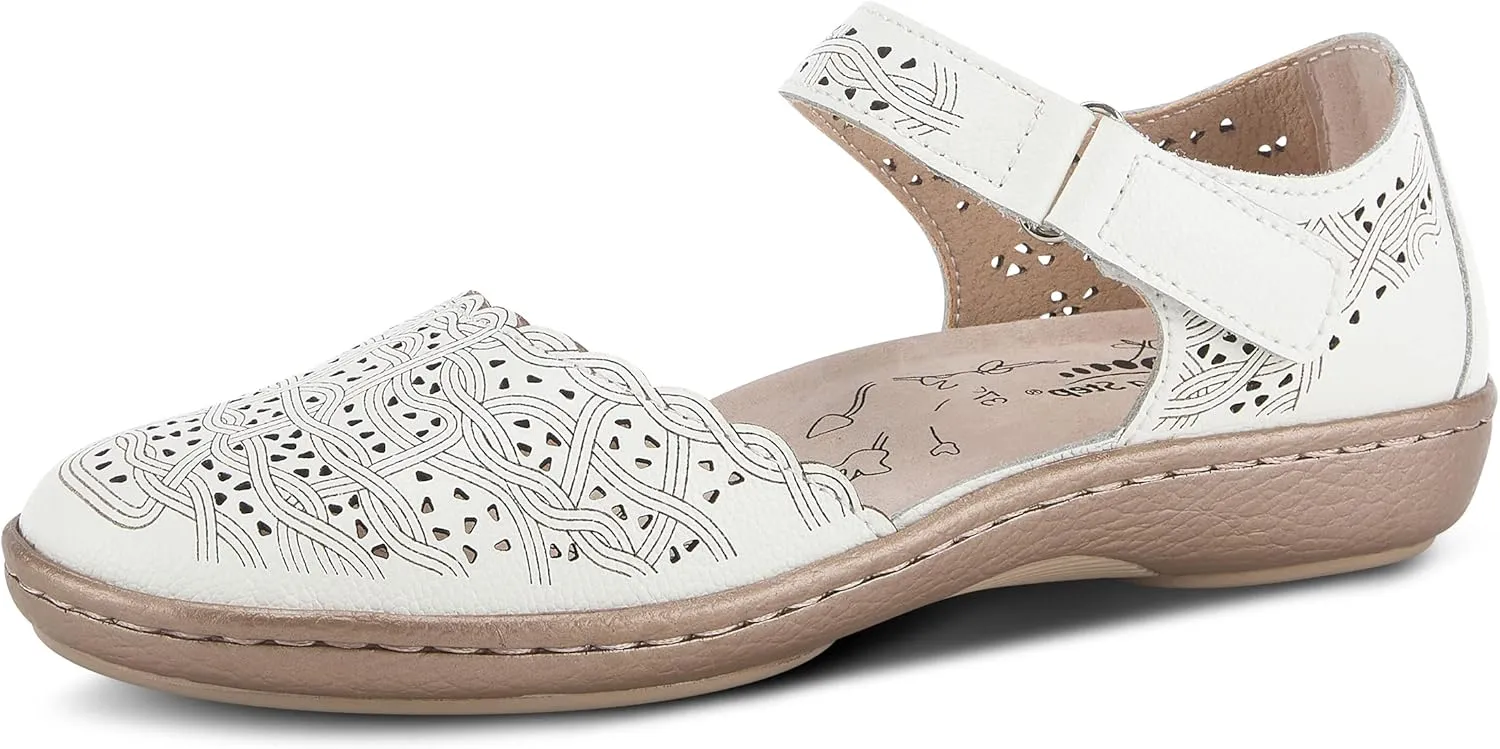 Spring Step Women's SABRIYE Leather Mary Jane Shoes – Laser-Cut Design, Adjustable Hook-and-Loop Closure, Padded Comfort, Flexible Sole