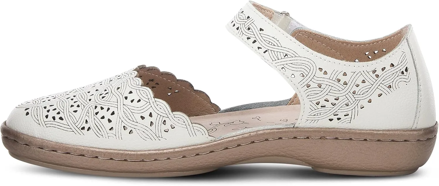 Spring Step Women's SABRIYE Leather Mary Jane Shoes – Laser-Cut Design, Adjustable Hook-and-Loop Closure, Padded Comfort, Flexible Sole