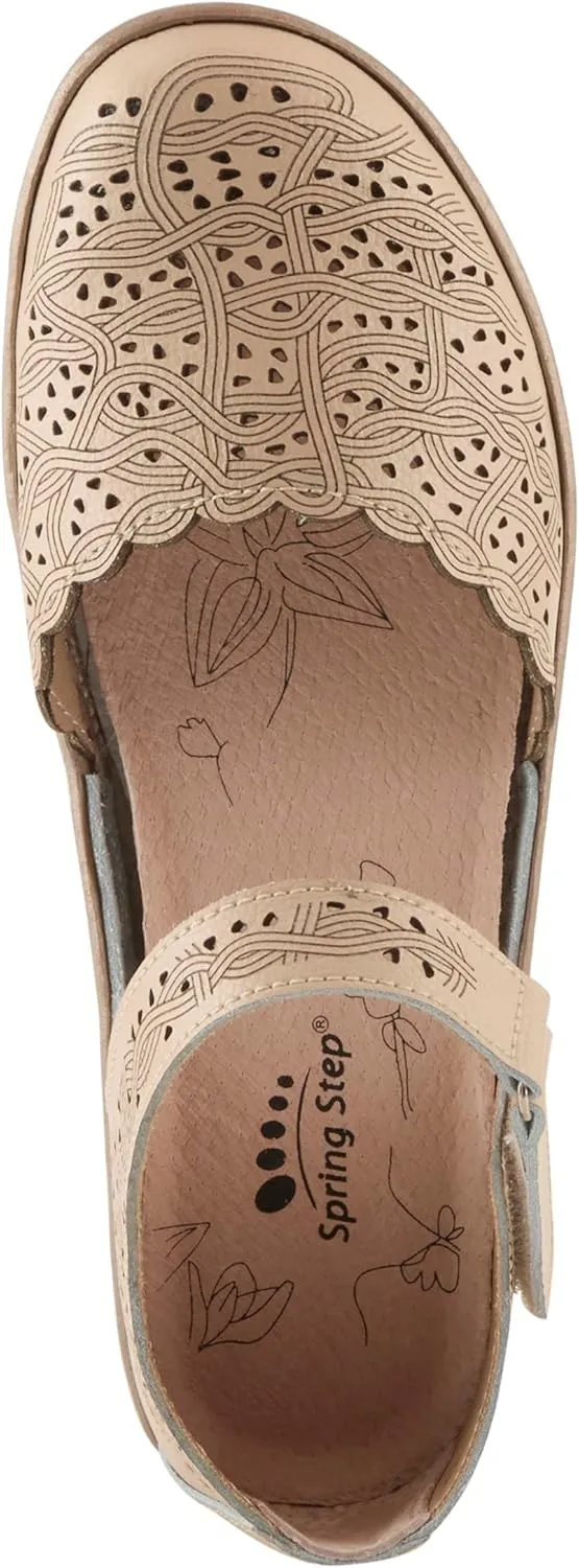 Spring Step Women's SABRIYE Leather Mary Jane Shoes – Laser-Cut Design, Adjustable Hook-and-Loop Closure, Padded Comfort, Flexible Sole