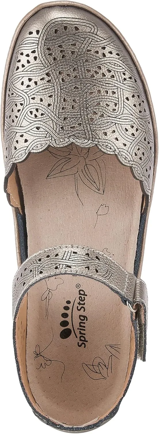 Spring Step Women's SABRIYE Leather Mary Jane Shoes – Laser-Cut Design, Adjustable Hook-and-Loop Closure, Padded Comfort, Flexible Sole