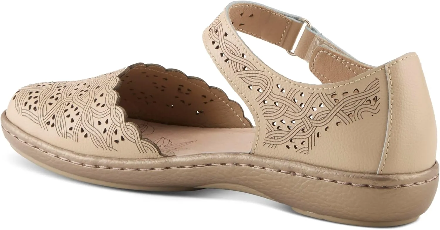 Spring Step Women's SABRIYE Leather Mary Jane Shoes – Laser-Cut Design, Adjustable Hook-and-Loop Closure, Padded Comfort, Flexible Sole