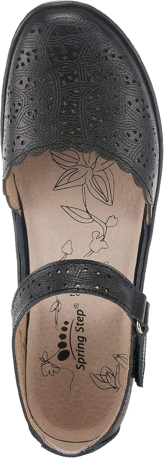 Spring Step Women's SABRIYE Leather Mary Jane Shoes – Laser-Cut Design, Adjustable Hook-and-Loop Closure, Padded Comfort, Flexible Sole