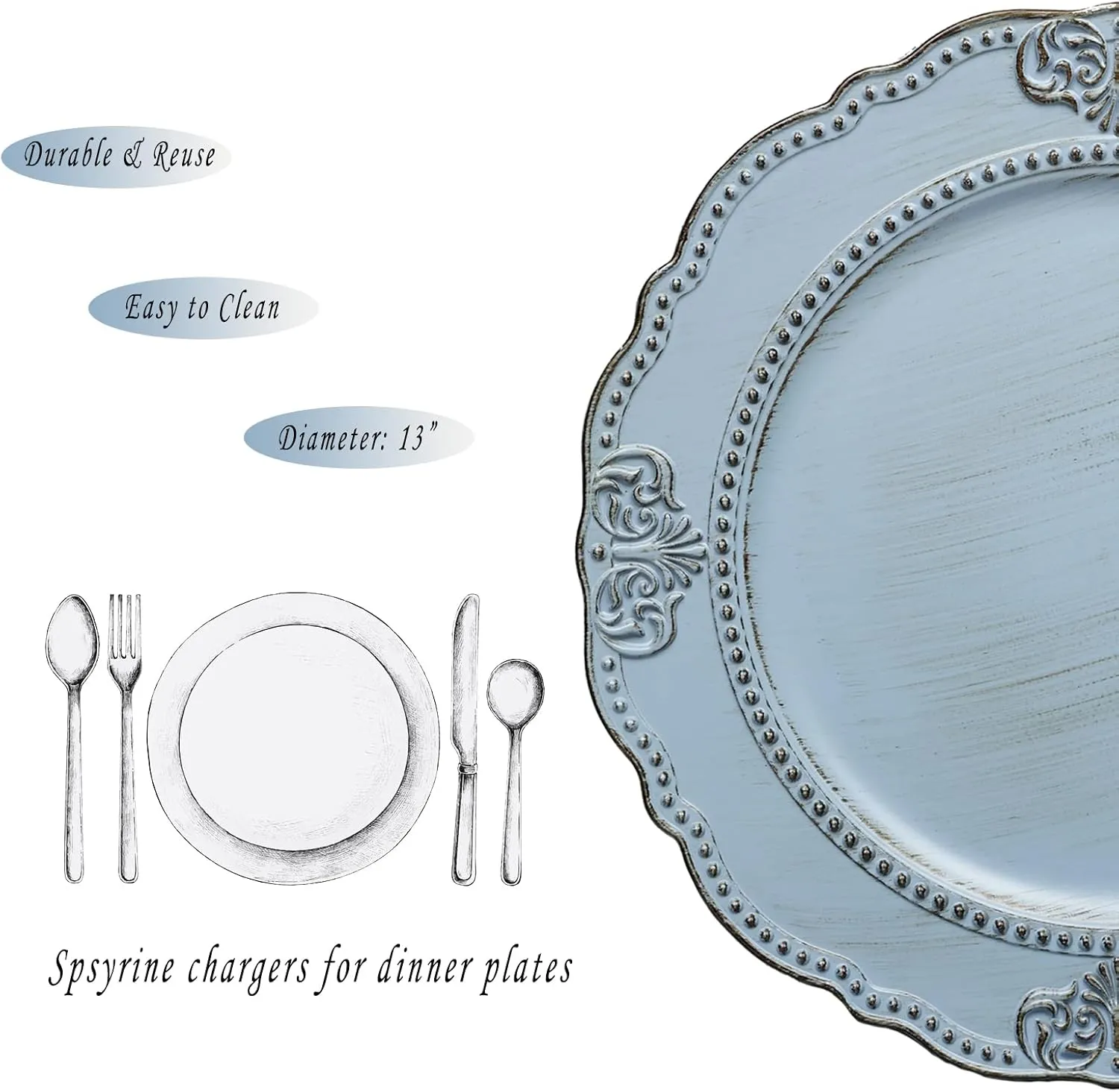 Spsyrine Antique Blue Charger Plates Set of 6, 13" Chargers for Dinner Plates, Wedding, Banquets, Party