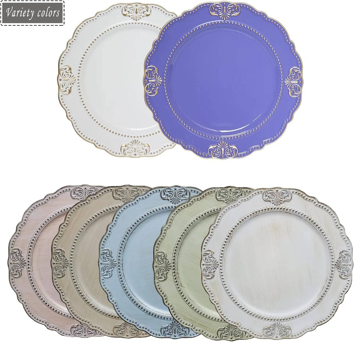 Spsyrine Antique White Charger Plates, Set of 6 Embossed Baroque Chargers for Dinner Plates, Wedding, Party