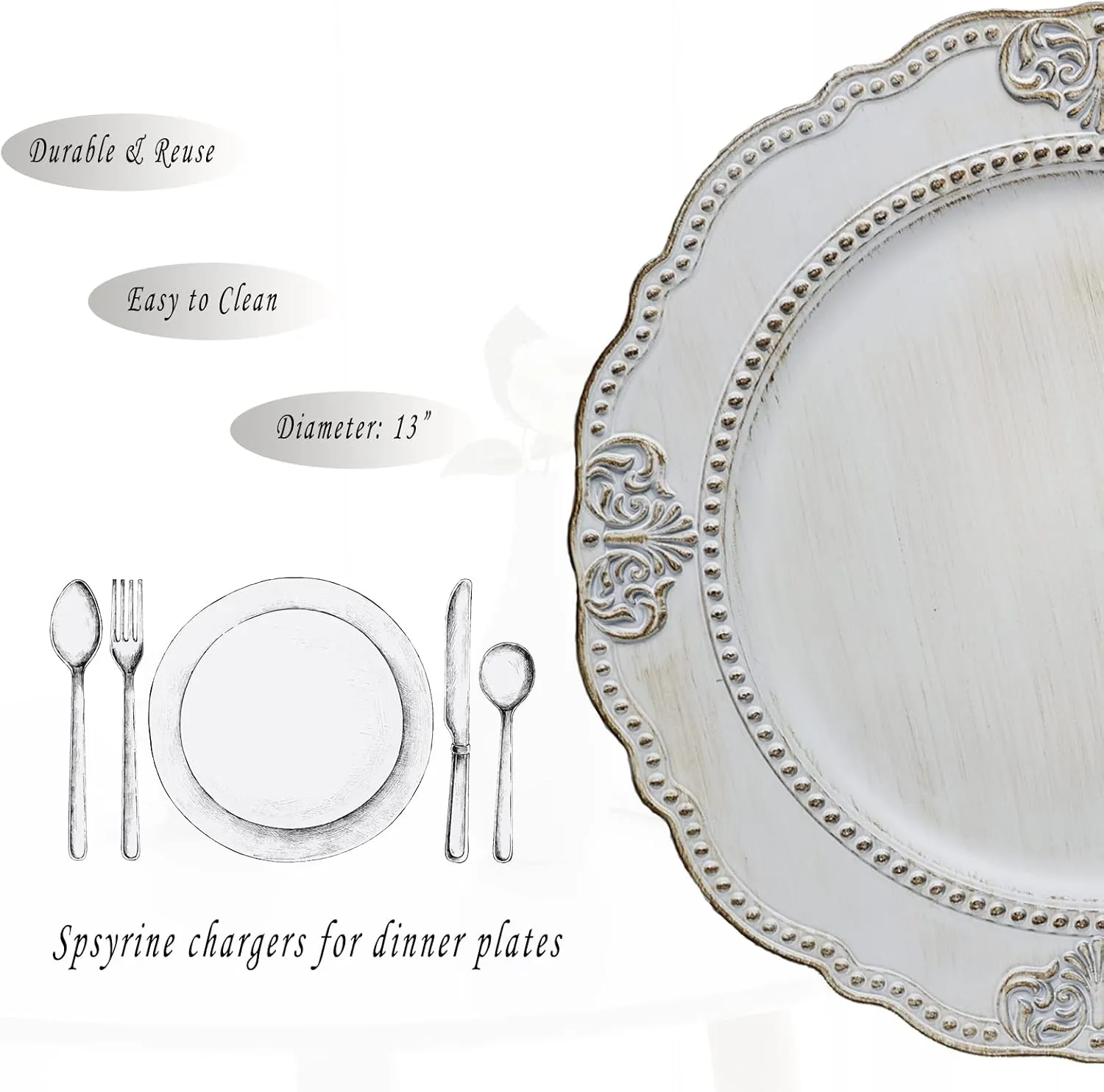 Spsyrine Antique White Charger Plates, Set of 6 Embossed Baroque Chargers for Dinner Plates, Wedding, Party