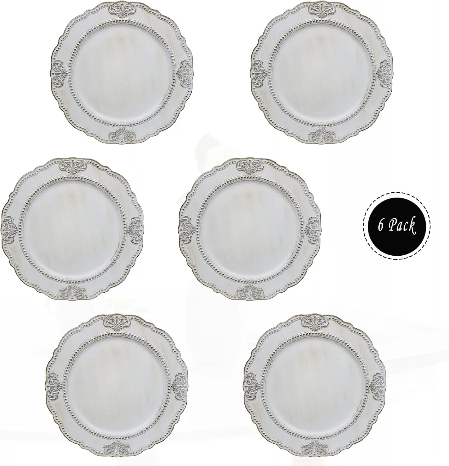 Spsyrine Antique White Charger Plates, Set of 6 Embossed Baroque Chargers for Dinner Plates, Wedding, Party