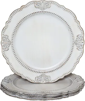 Spsyrine Antique White Charger Plates, Set of 6 Embossed Baroque Chargers for Dinner Plates, Wedding, Party