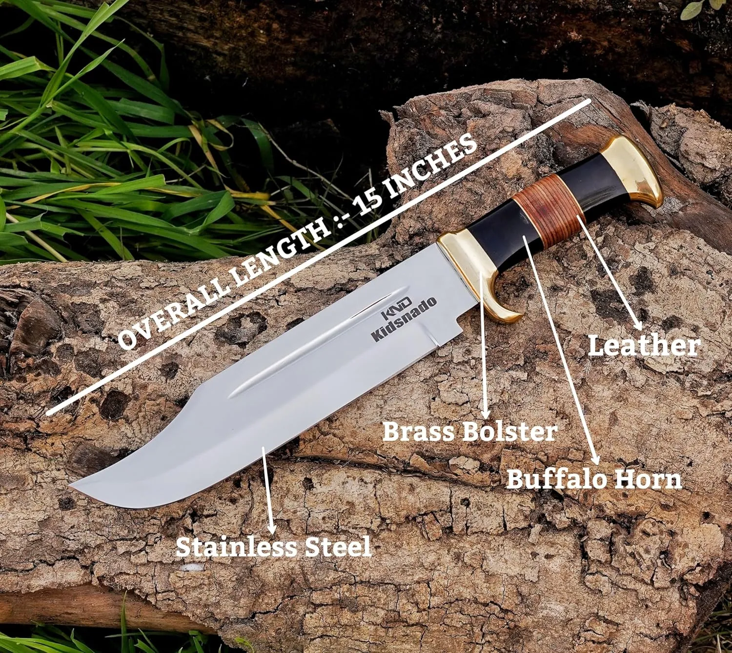 Stainless Steel Handmade Fixed Blade Hunting Knife with Sheath - Crocodile Dundee Bowie Knife with firm Grip Handle made of Horn & Leather for outdoor camping(D Bowie)