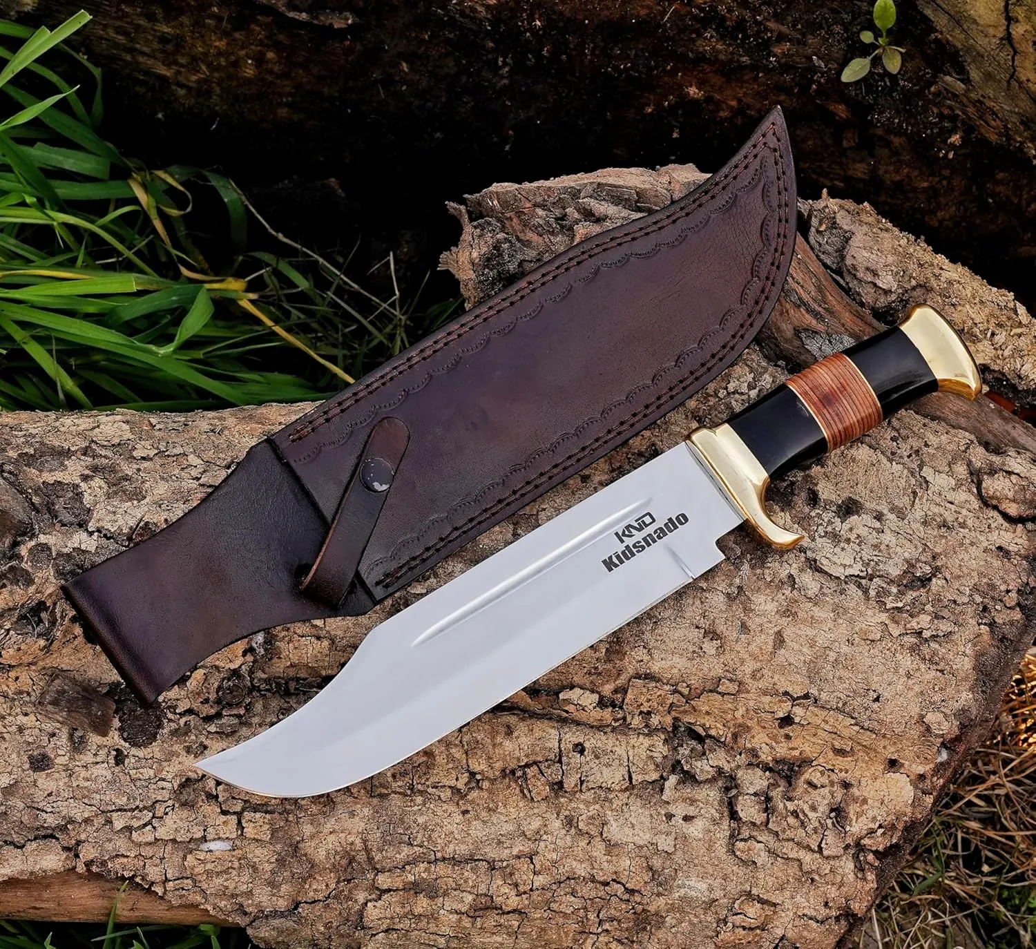 Stainless Steel Handmade Fixed Blade Hunting Knife with Sheath - Crocodile Dundee Bowie Knife with firm Grip Handle made of Horn & Leather for outdoor camping(D Bowie)