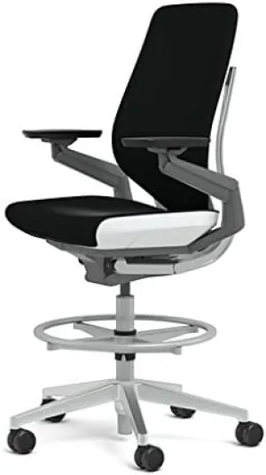 Steelcase Gesture 442 Stool Chair - Black Steelcase Leather, Wrapped Back, Light on Dark Frame, Wheels for Hard Flooring
