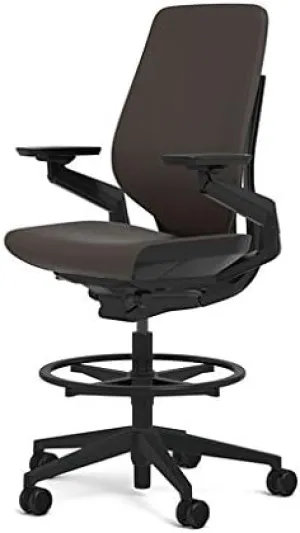 Steelcase Gesture 442 Stool Chair - Espresso Elmosoft Leather, Wrapped Back, Dark on Dark Frame, Wheels for Hard Flooring