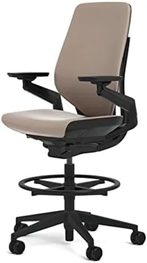Steelcase Gesture 442 Stool Chair - Mica Elmosoft Leather, Wrapped Back, Dark on Dark Frame, Wheels for Hard Flooring