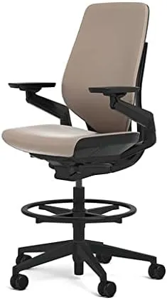 Steelcase Gesture 442 Stool Chair - Mica Elmosoft Leather, Wrapped Back, Dark on Dark Frame, Wheels for Hard Flooring