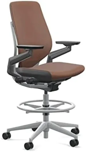 Steelcase Gesture 442 Stool Chair - Saddle Elmosoft Leather, Wrapped Back, Dark on Dark Frame, Wheels for Hard Flooring