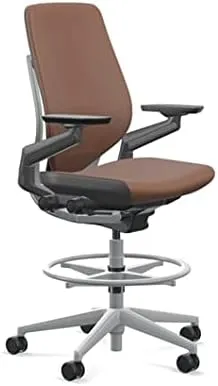 Steelcase Gesture 442 Stool Chair - Saddle Elmosoft Leather, Wrapped Back, Dark on Dark Frame, Wheels for Hard Flooring