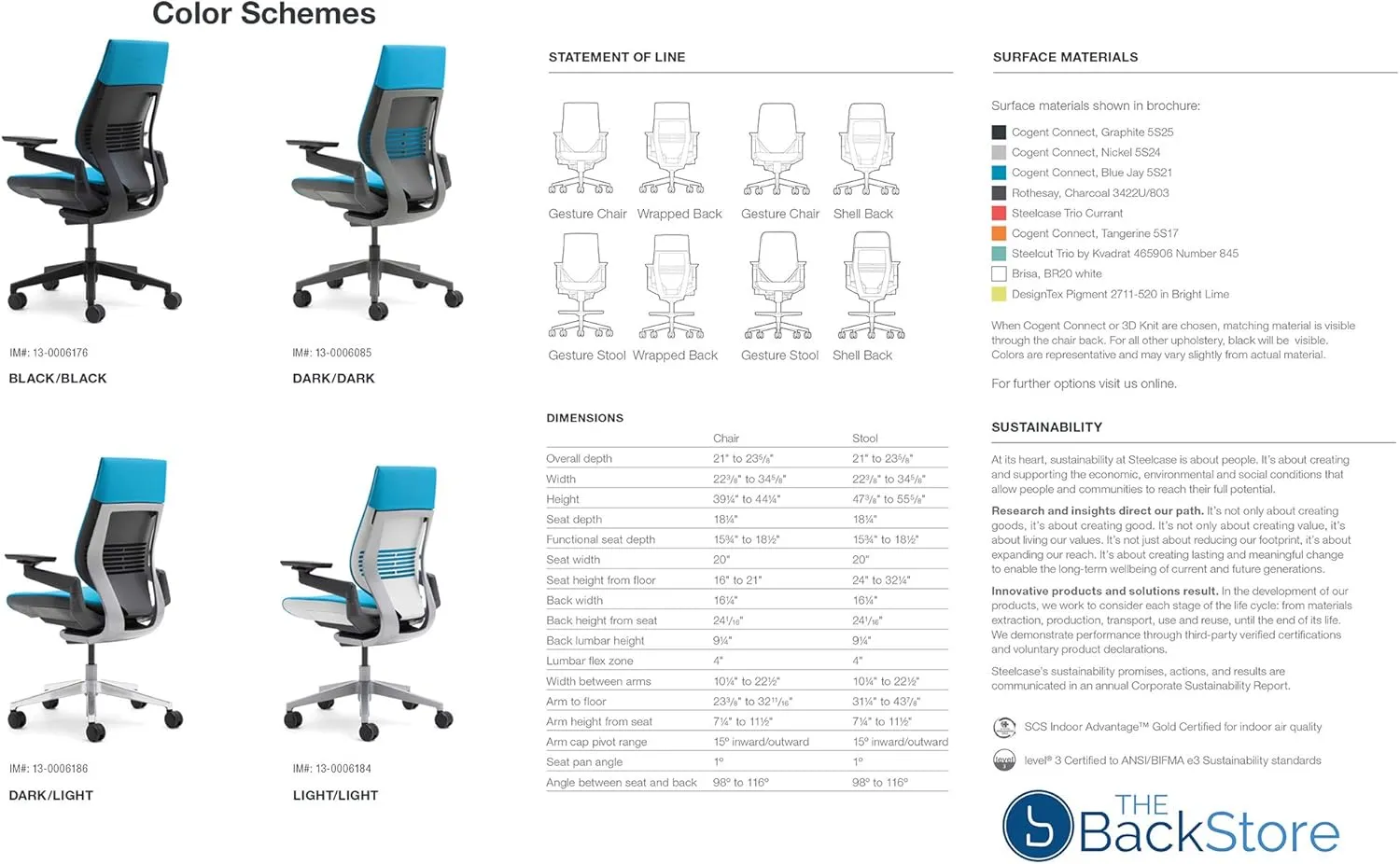 Steelcase Gesture Office Desk Chair with Headrest in Elmosoft Genuine Ebony L112 Leather Plus Lumbar Support High Black Frame wth Soft Hard Floor Casters