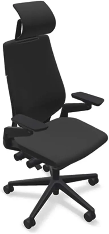 Steelcase Gesture Office Desk Chair with Headrest in Elmosoft Genuine Ebony L112 Leather Plus Lumbar Support High Black Frame wth Soft Hard Floor Casters