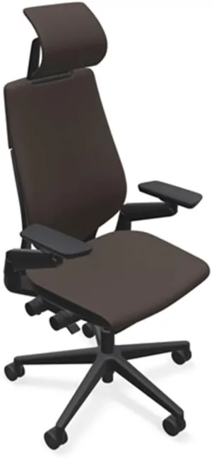 Steelcase Gesture Office Desk Chair with Headrest in Elmosoft Genuine Espresso L133 Leather Plus Lumbar Support Black Frame