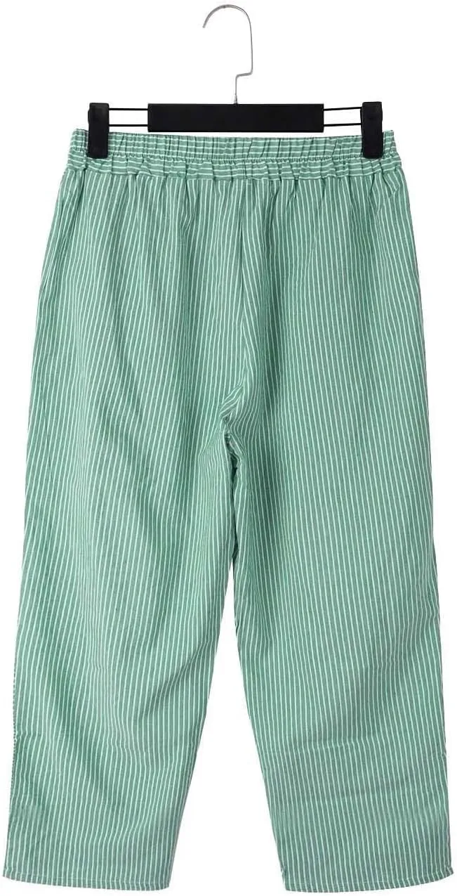 Striped Capri Pants for Women Trendy High Waisted Side Button Linen Capris Summer Dressy Casual Loose Cropped Pants