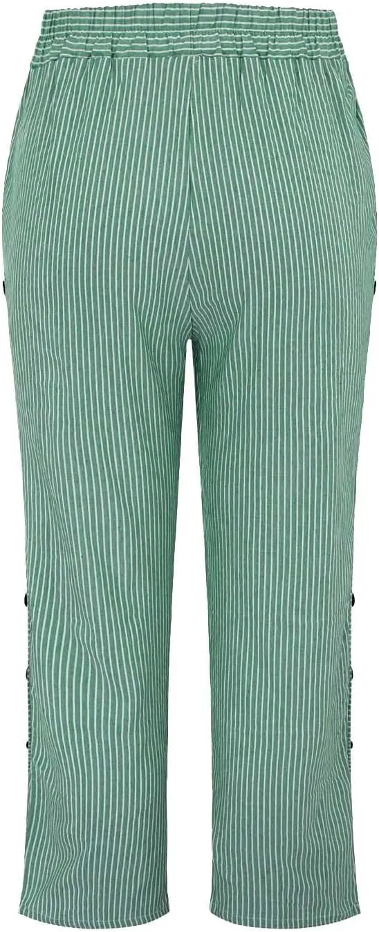 Striped Capri Pants for Women Trendy High Waisted Side Button Linen Capris Summer Dressy Casual Loose Cropped Pants