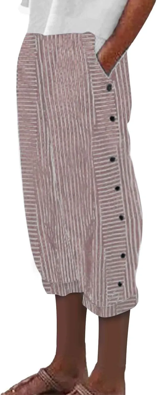 Striped Capri Pants for Women Trendy High Waisted Side Button Linen Capris Summer Dressy Casual Loose Cropped Pants