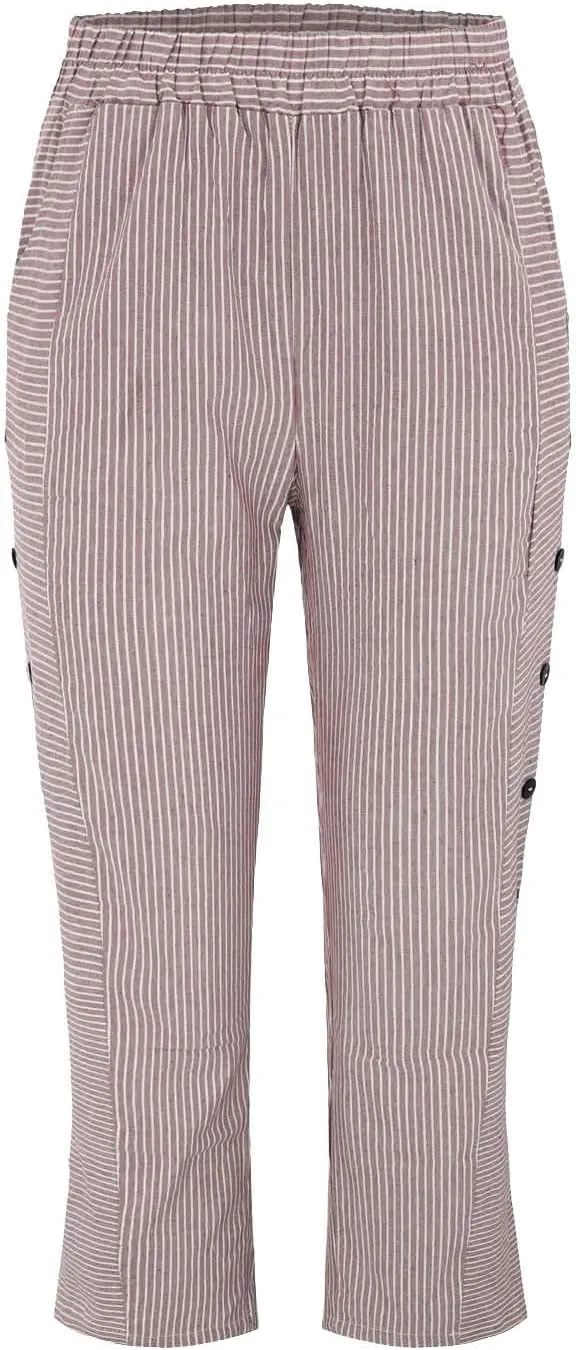 Striped Capri Pants for Women Trendy High Waisted Side Button Linen Capris Summer Dressy Casual Loose Cropped Pants