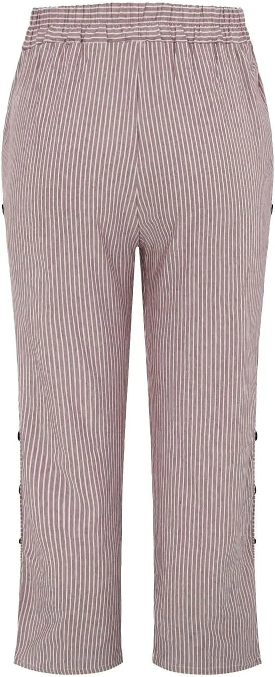 Striped Capri Pants for Women Trendy High Waisted Side Button Linen Capris Summer Dressy Casual Loose Cropped Pants