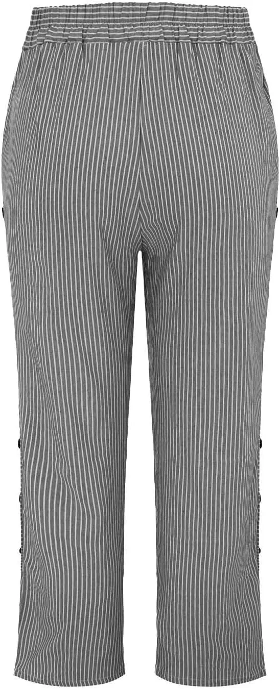 Striped Capri Pants for Women Trendy High Waisted Side Button Linen Capris Summer Dressy Casual Loose Cropped Pants