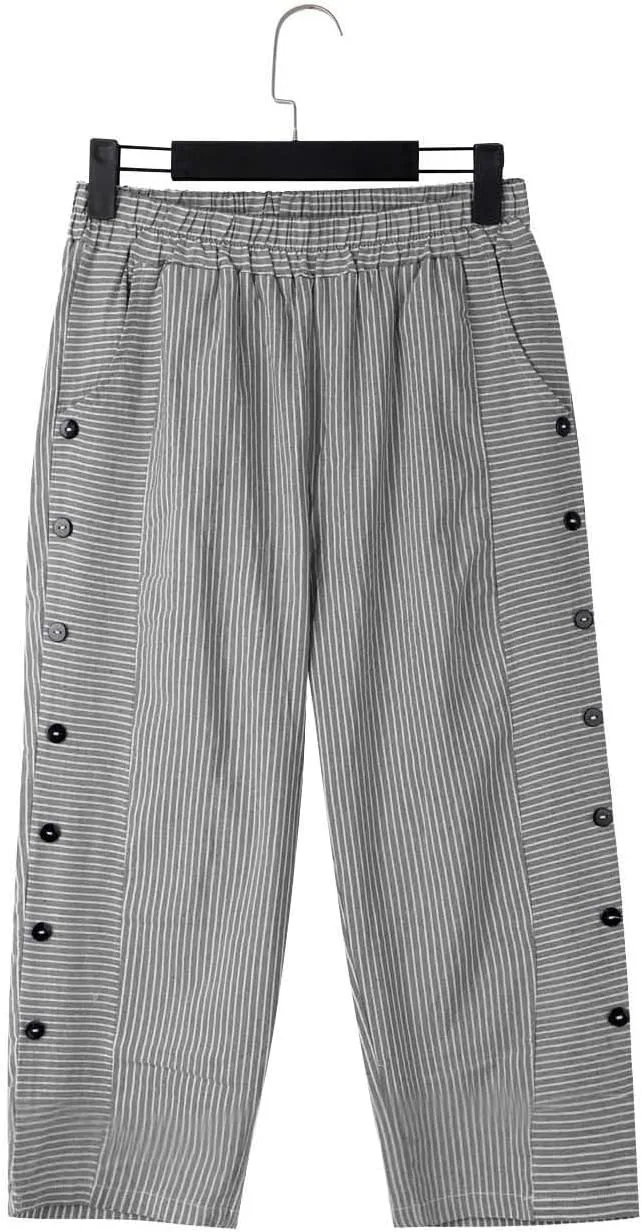 Striped Capri Pants for Women Trendy High Waisted Side Button Linen Capris Summer Dressy Casual Loose Cropped Pants