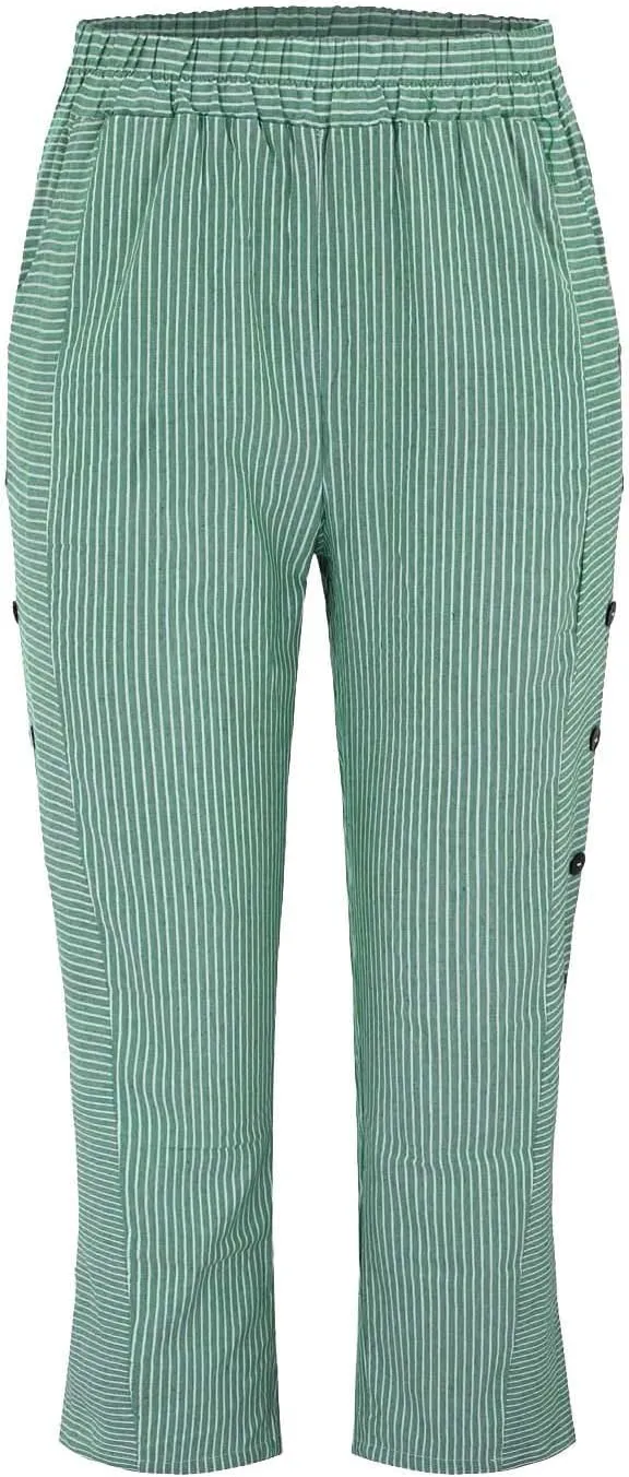 Striped Capri Pants for Women Trendy High Waisted Side Button Linen Capris Summer Dressy Casual Loose Cropped Pants