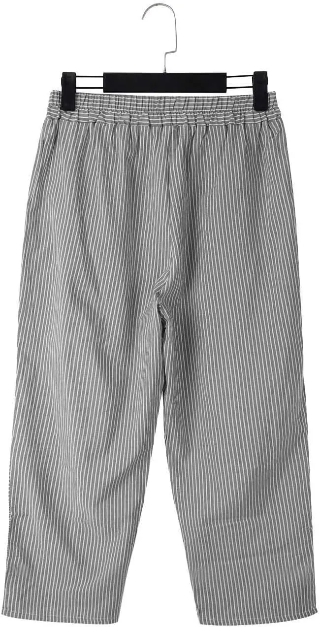 Striped Capri Pants for Women Trendy High Waisted Side Button Linen Capris Summer Dressy Casual Loose Cropped Pants