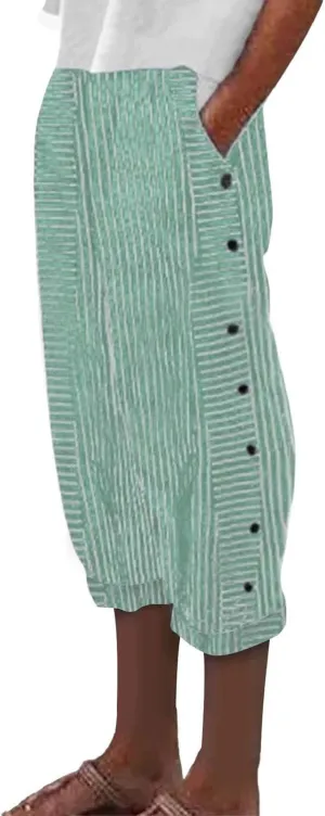 Striped Capri Pants for Women Trendy High Waisted Side Button Linen Capris Summer Dressy Casual Loose Cropped Pants