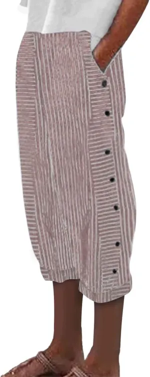 Striped Capri Pants for Women Trendy High Waisted Side Button Linen Capris Summer Dressy Casual Loose Cropped Pants