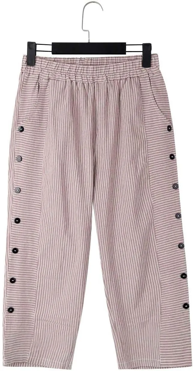Striped Capri Pants for Women Trendy High Waisted Side Button Linen Capris Summer Dressy Casual Loose Cropped Pants