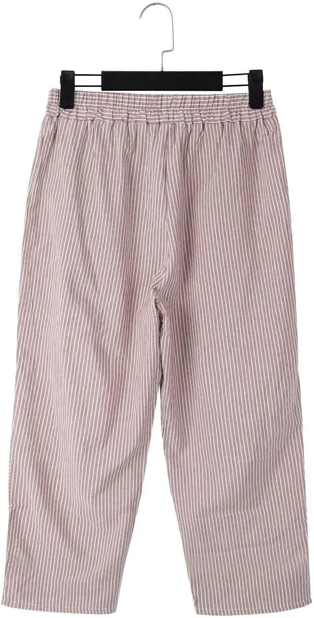 Striped Capri Pants for Women Trendy High Waisted Side Button Linen Capris Summer Dressy Casual Loose Cropped Pants