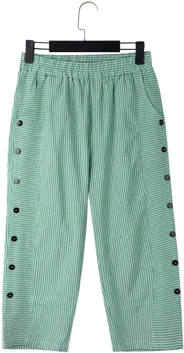 Striped Capri Pants for Women Trendy High Waisted Side Button Linen Capris Summer Dressy Casual Loose Cropped Pants