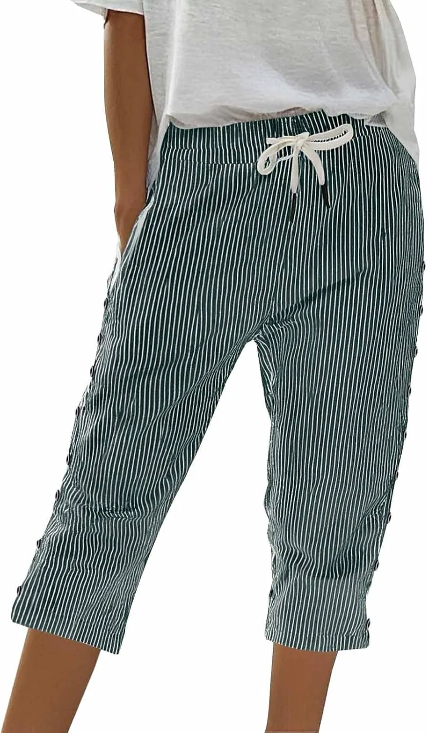 Striped Linen Capri Pants for Women Drawstring High Waist Straight Leg Lounge Pants Dressy Casual Summer 3/4 Trouser