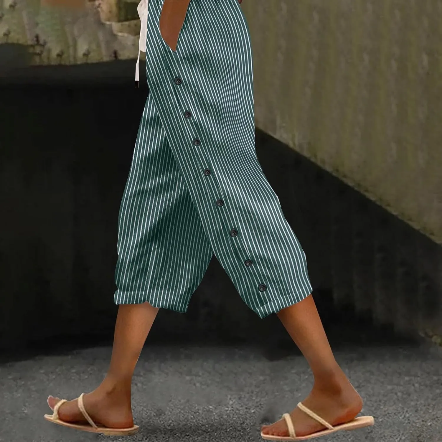 Striped Linen Capri Pants for Women Drawstring High Waist Straight Leg Lounge Pants Dressy Casual Summer 3/4 Trouser