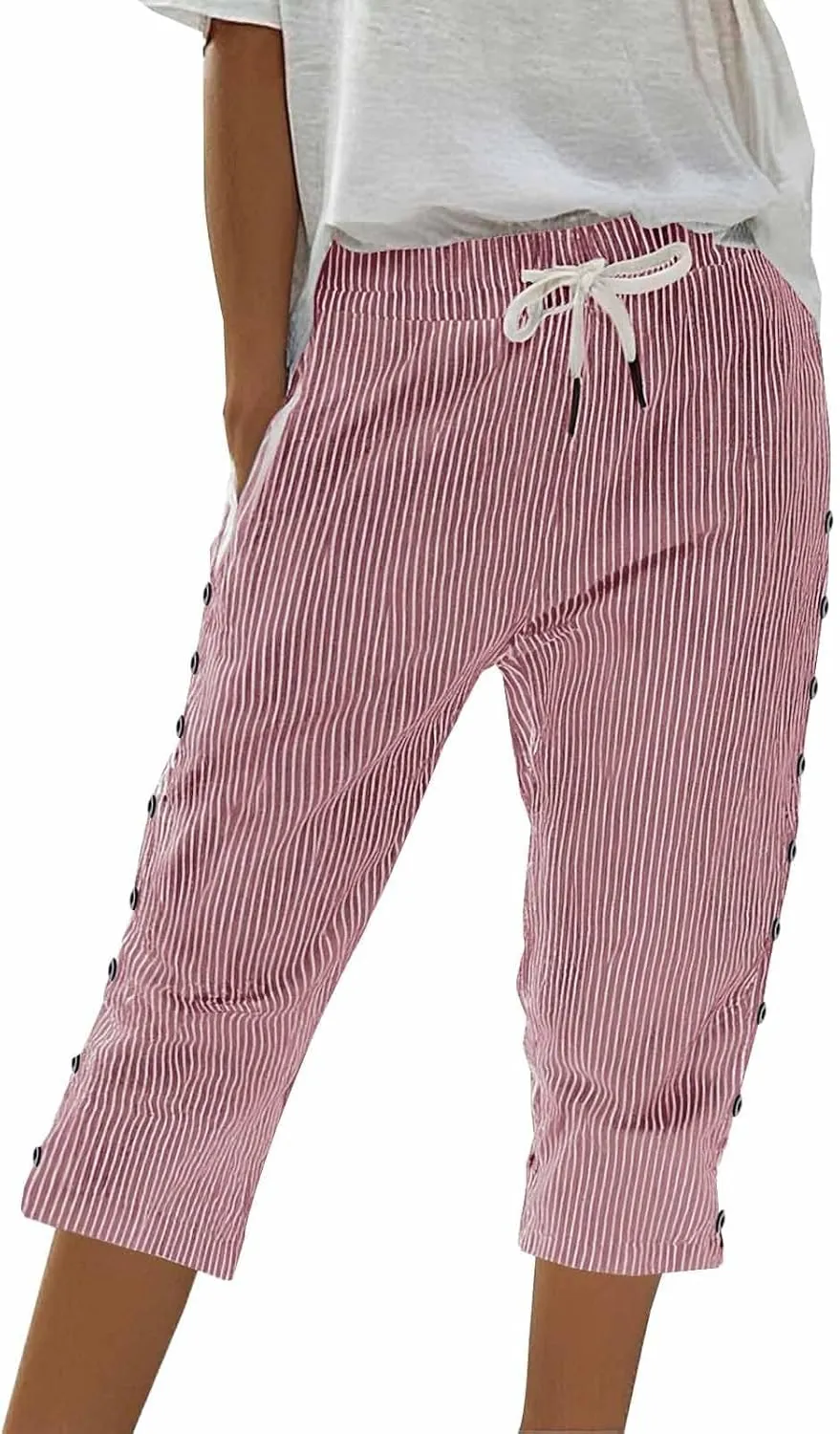 Striped Linen Capri Pants for Women Drawstring High Waist Straight Leg Lounge Pants Dressy Casual Summer 3/4 Trouser