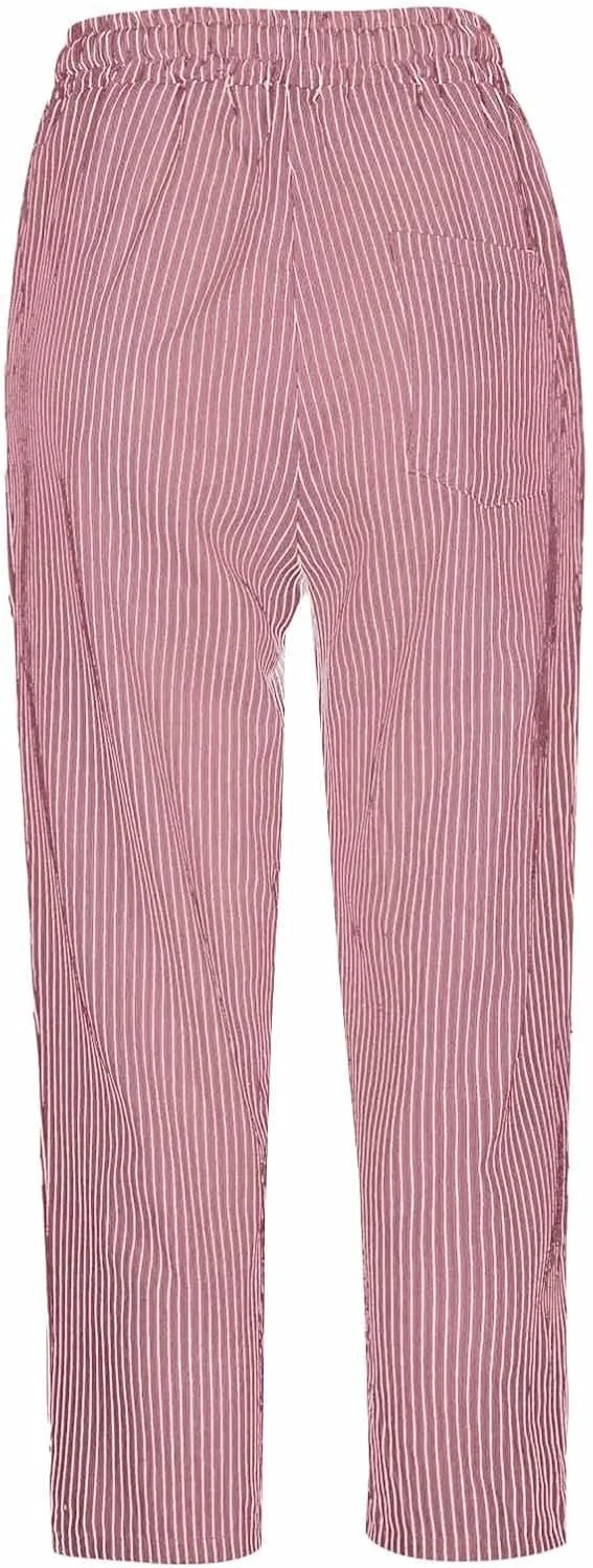 Striped Linen Capri Pants for Women Drawstring High Waist Straight Leg Lounge Pants Dressy Casual Summer 3/4 Trouser