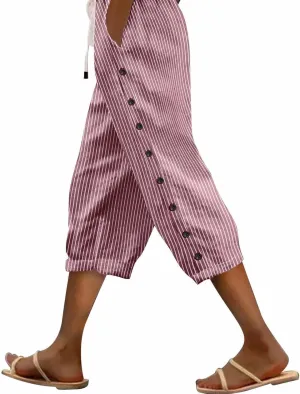 Striped Linen Capri Pants for Women Drawstring High Waist Straight Leg Lounge Pants Dressy Casual Summer 3/4 Trouser