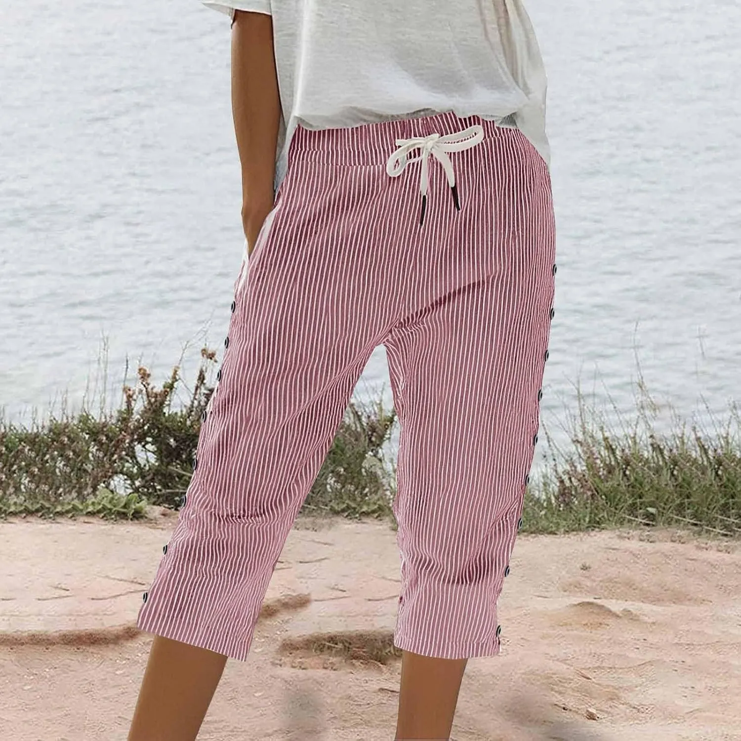 Striped Linen Capri Pants for Women Drawstring High Waist Straight Leg Lounge Pants Dressy Casual Summer 3/4 Trouser